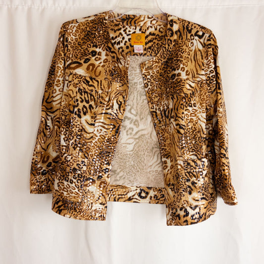 Ruby Rd brown cheetah print sequin button front jacket with four front pockets on clear hanger