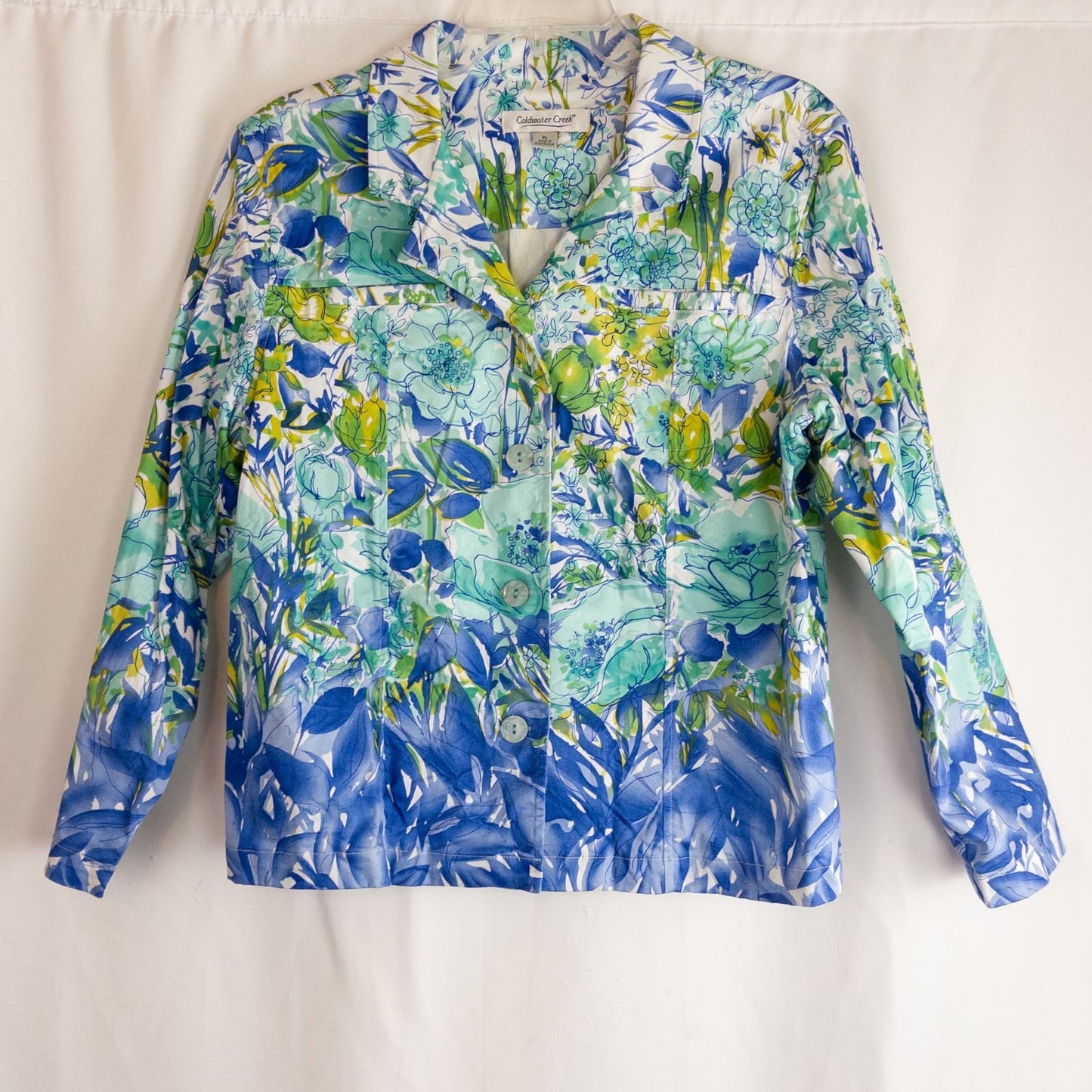 Coldwater Creek blue water lily floral print jacket women's large petite with button closure and front pockets
