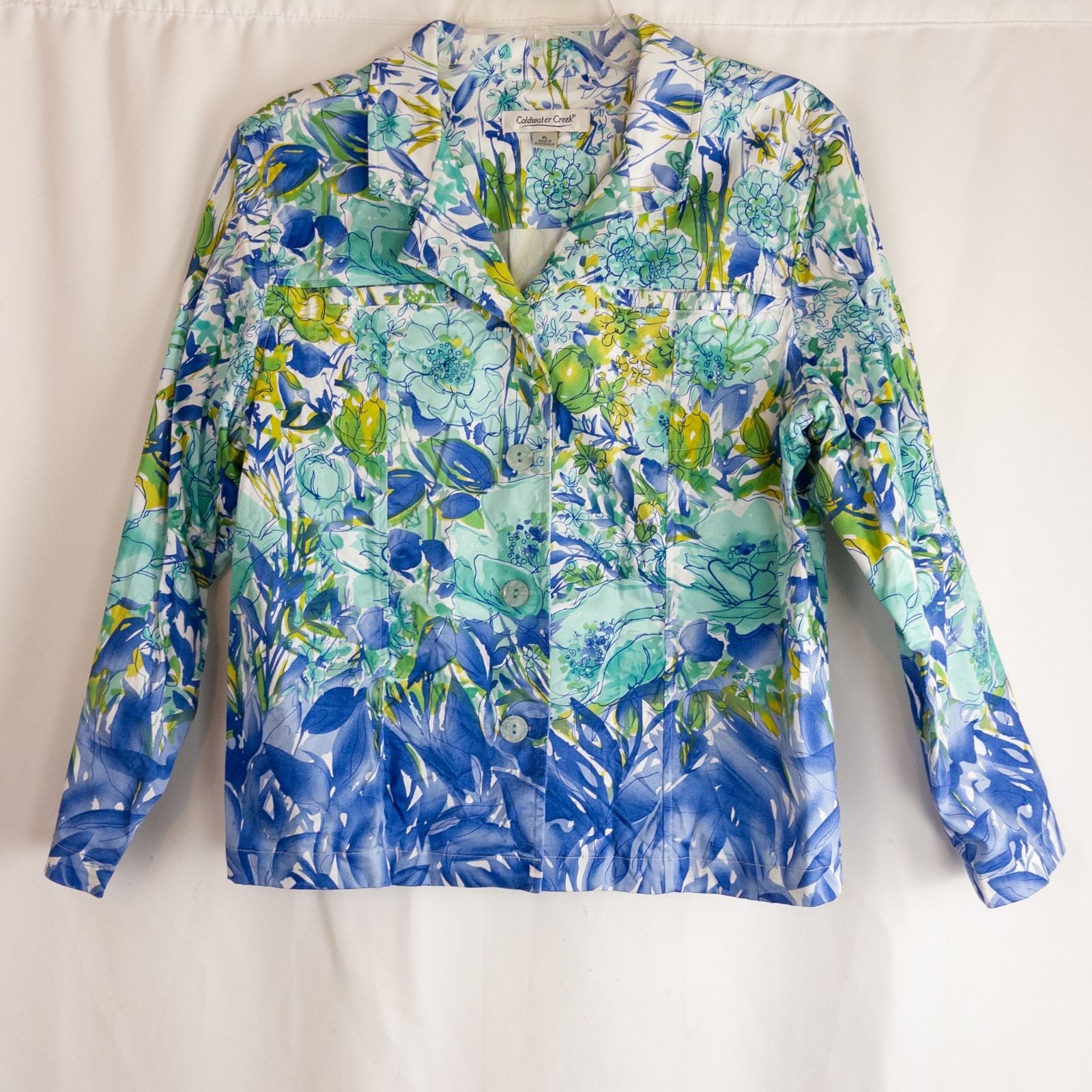 Coldwater Creek blue water lily floral print jacket women's large petite with button closure and front pockets