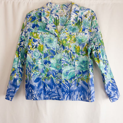 Coldwater Creek blue water lily floral print jacket women's large petite with button closure and front pockets