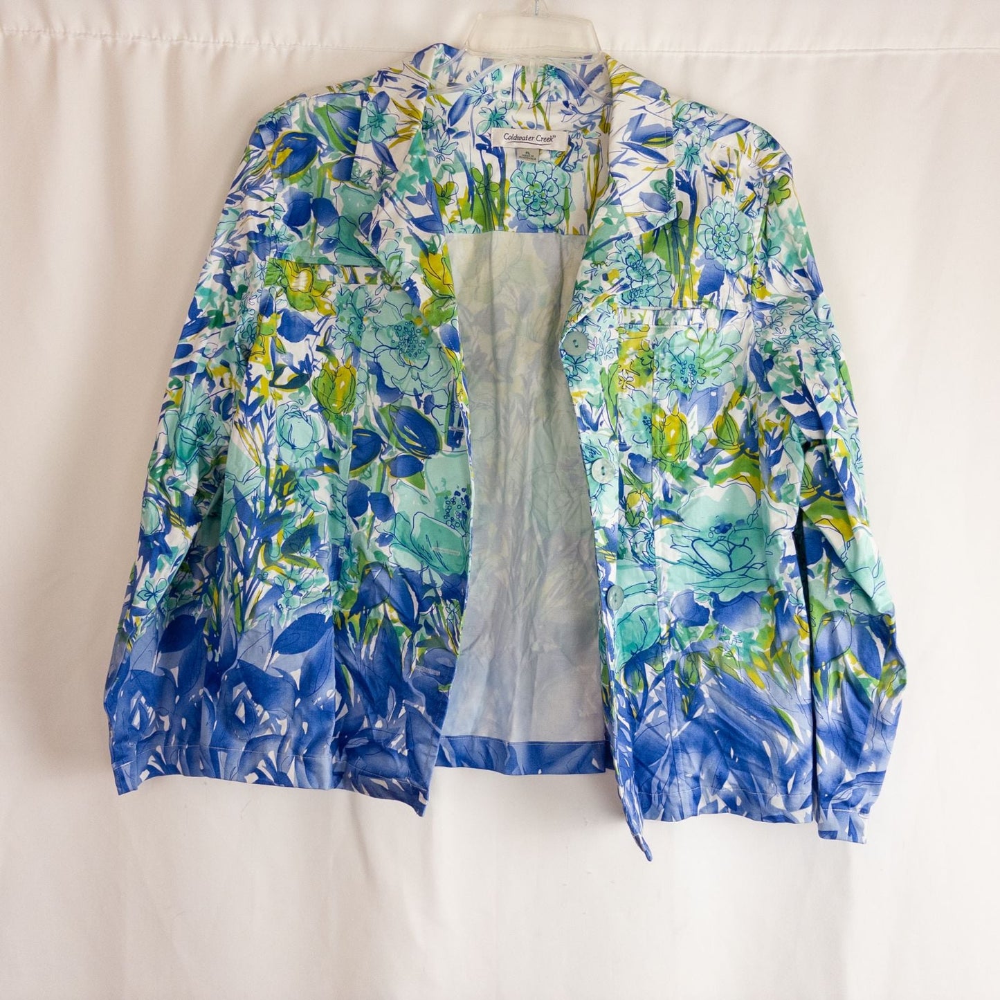 Coldwater Creek blue water lily floral print jacket women's large petite with button closure and front pockets image 4