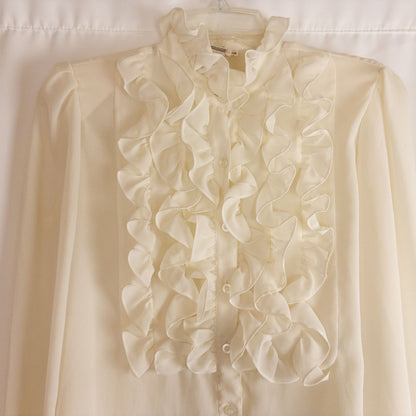 Vintage ivory ruffle blouse with long sleeves and button front image 2