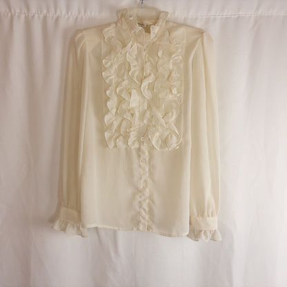 Vintage ivory ruffle blouse with long sleeves and button front