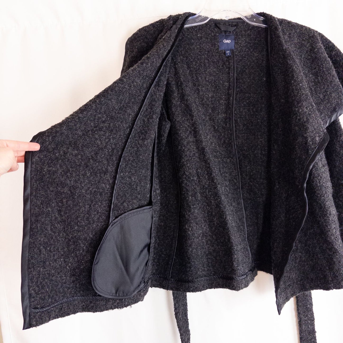 Gray Gap wool textured jacket with shawl collar and belt hung on white background image 6