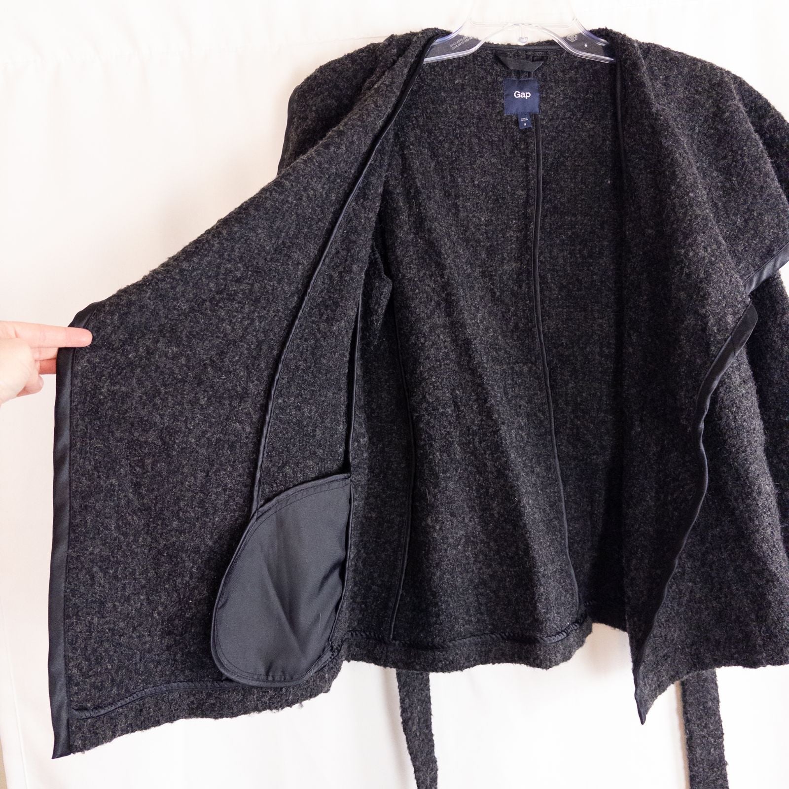 Gray Gap wool textured jacket with shawl collar and belt hung on white background image 6