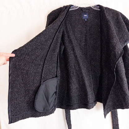 Gray Gap wool textured jacket with shawl collar and belt hung on white background image 6