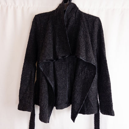 Gray Gap wool textured jacket with shawl collar and belt hung on white background image 3