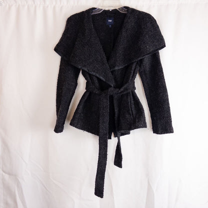 Gray Gap wool textured jacket with shawl collar and belt hung on white background