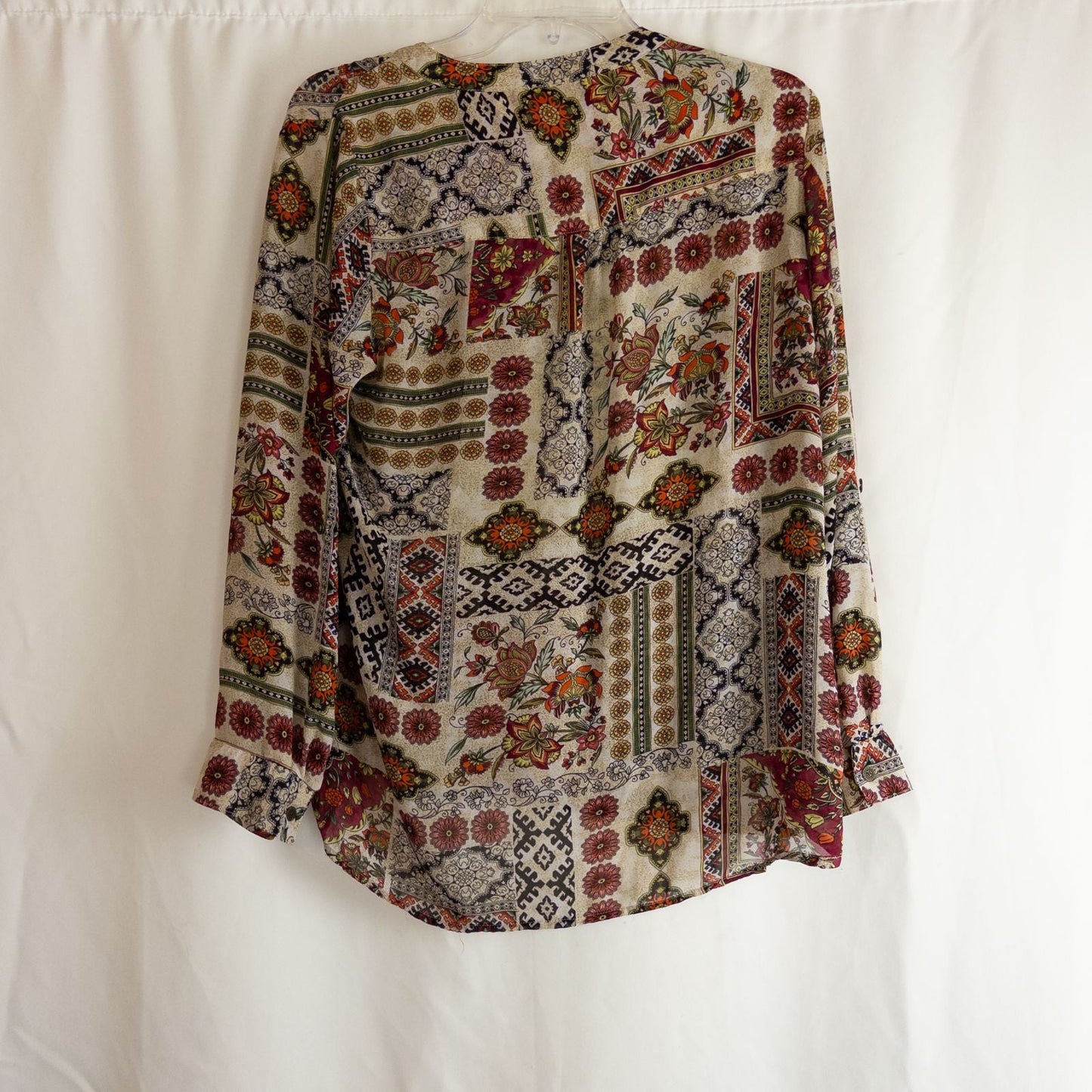 Vintage womens multicolor floral patchwork print blouse with button front and long sleeves image 7