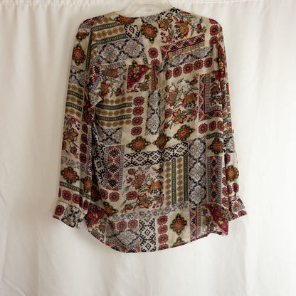 Vintage womens multicolor floral patchwork print blouse with button front and long sleeves image 7