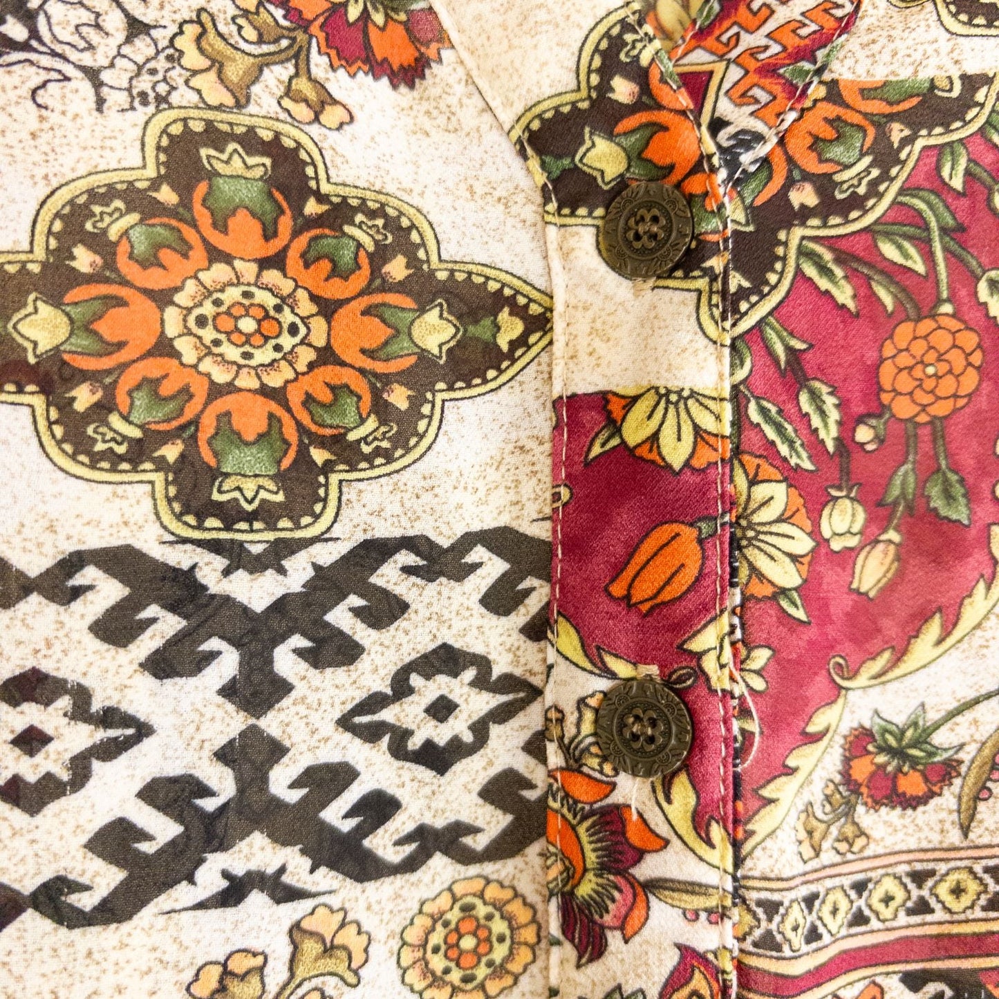 Vintage womens multicolor floral patchwork print blouse with button front and long sleeves image 3