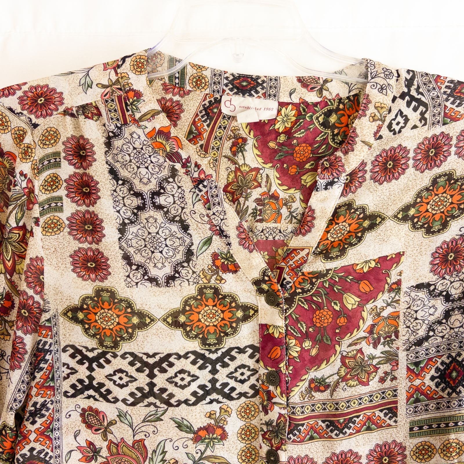 Vintage womens multicolor floral patchwork print blouse with button front and long sleeves image 2