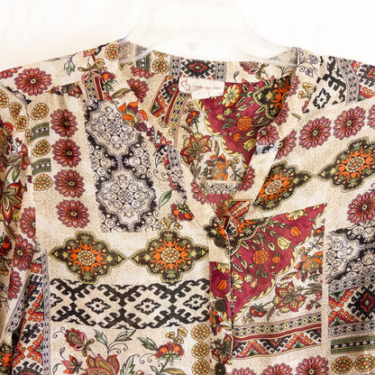 Vintage womens multicolor floral patchwork print blouse with button front and long sleeves image 2