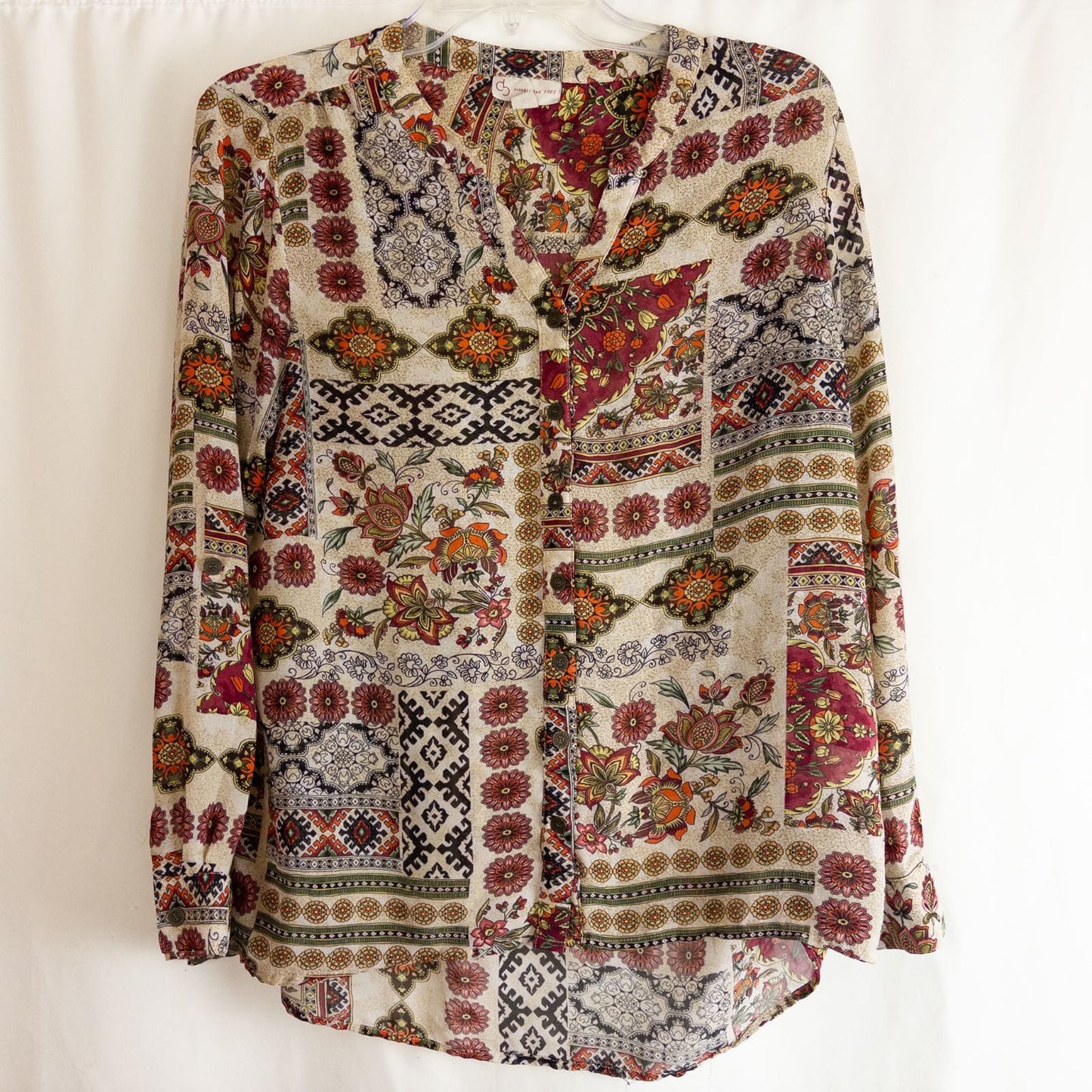 Vintage womens multicolor floral patchwork print blouse with button front and long sleeves