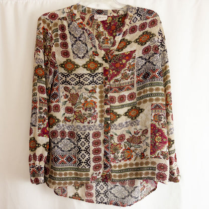 Vintage womens multicolor floral patchwork print blouse with button front and long sleeves