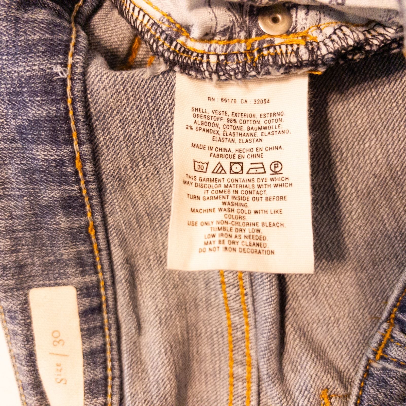 Pilcro and the Letterpress Hyphen women's blue distressed denim jeans size 30 laid flat showing front, pockets, distressing and back views image 13