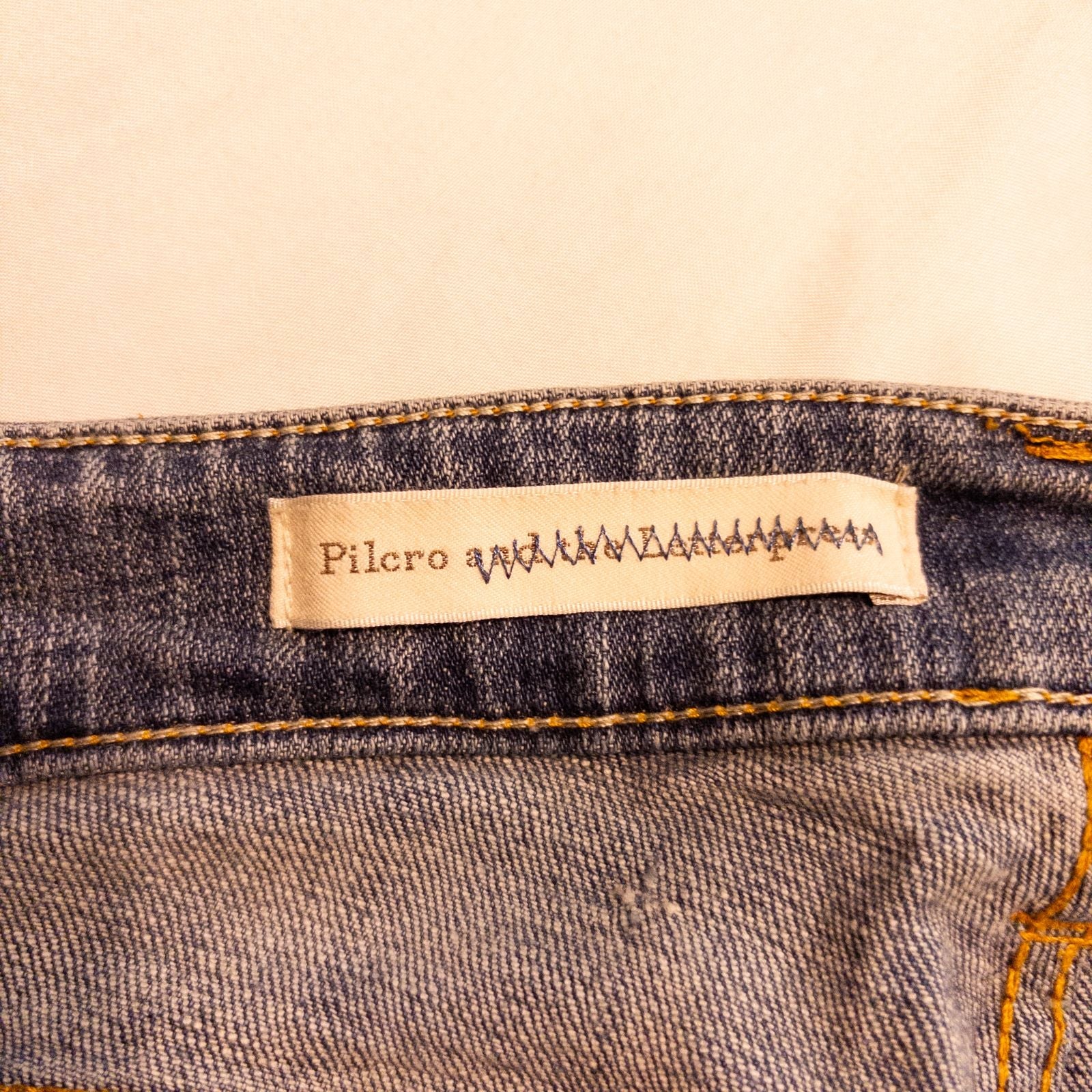 Pilcro and the Letterpress Hyphen women's blue distressed denim jeans size 30 laid flat showing front, pockets, distressing and back views image 11