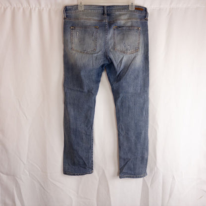 Pilcro and the Letterpress Hyphen women's blue distressed denim jeans size 30 laid flat showing front, pockets, distressing and back views image 8