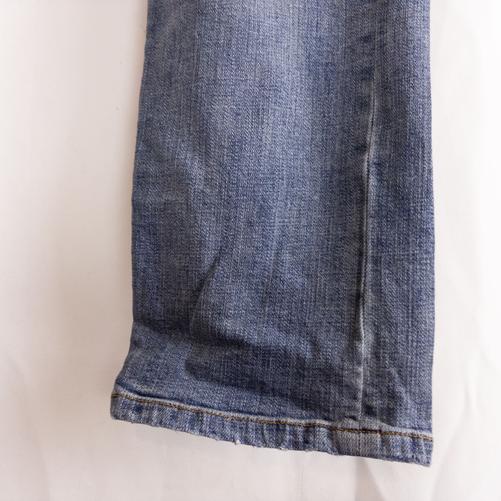 Pilcro and the Letterpress Hyphen women's blue distressed denim jeans size 30 laid flat showing front, pockets, distressing and back views image 7
