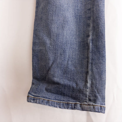 Pilcro and the Letterpress Hyphen women's blue distressed denim jeans size 30 laid flat showing front, pockets, distressing and back views image 7