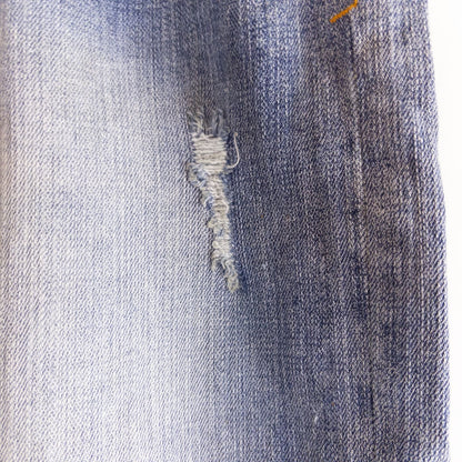 Pilcro and the Letterpress Hyphen women's blue distressed denim jeans size 30 laid flat showing front, pockets, distressing and back views image 6