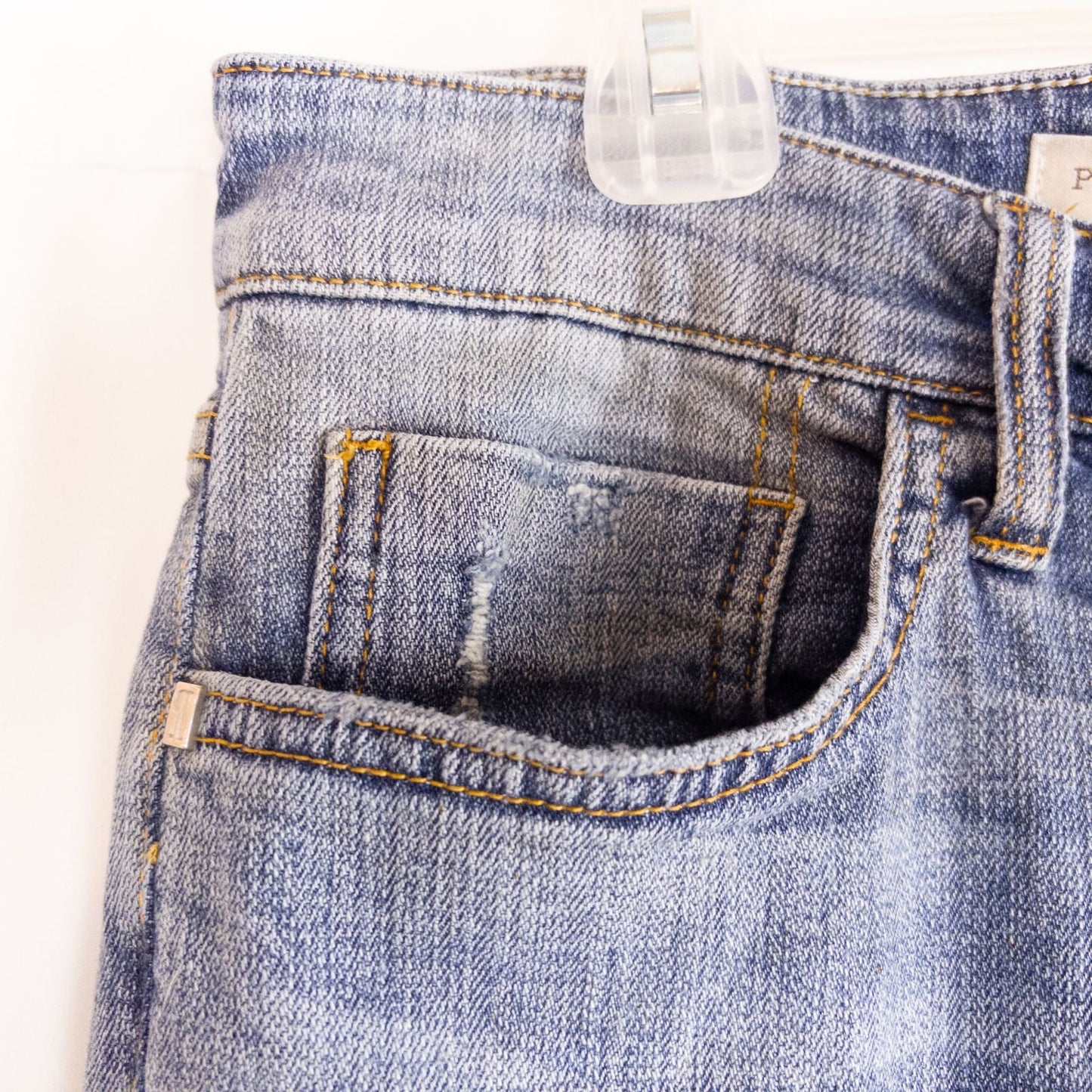 Pilcro and the Letterpress Hyphen women's blue distressed denim jeans size 30 laid flat showing front, pockets, distressing and back views image 3