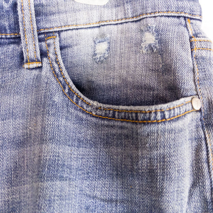 Pilcro and the Letterpress Hyphen women's blue distressed denim jeans size 30 laid flat showing front, pockets, distressing and back views image 5