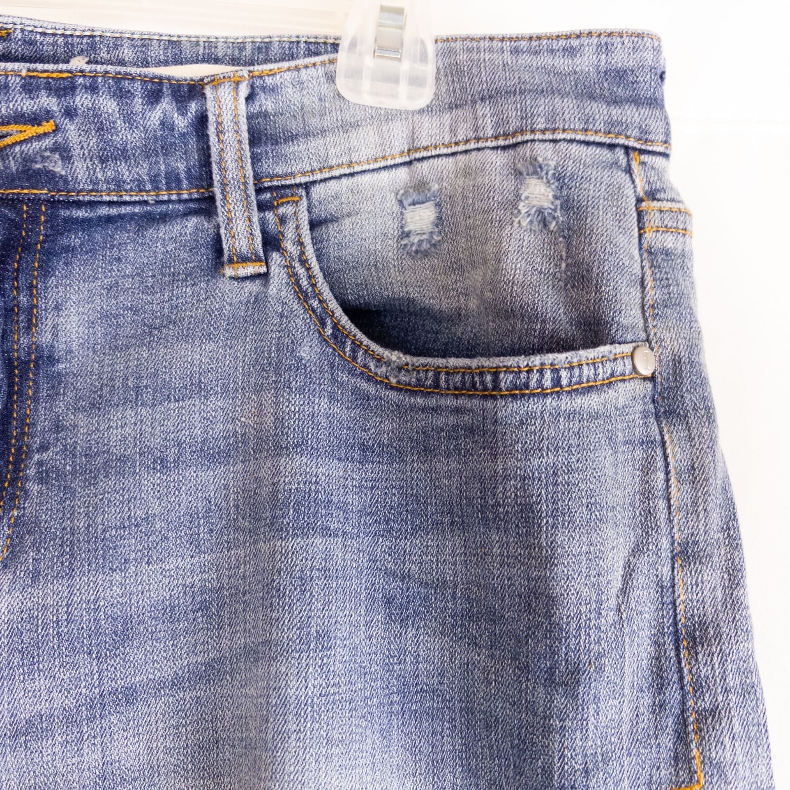 Pilcro and the Letterpress Hyphen women's blue distressed denim jeans size 30 laid flat showing front, pockets, distressing and back views image 4