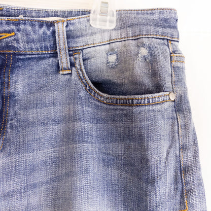 Pilcro and the Letterpress Hyphen women's blue distressed denim jeans size 30 laid flat showing front, pockets, distressing and back views image 4