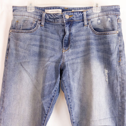 Pilcro and the Letterpress Hyphen women's blue distressed denim jeans size 30 laid flat showing front, pockets, distressing and back views image 2