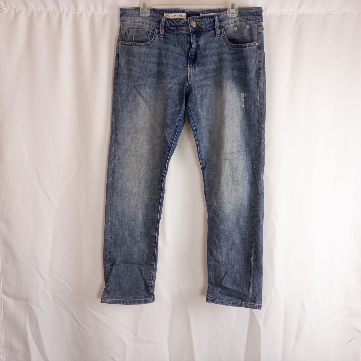 Pilcro and the Letterpress Hyphen women's blue distressed denim jeans size 30 laid flat showing front, pockets, distressing and back views