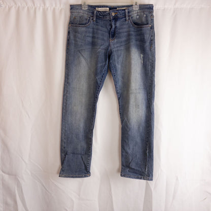 Pilcro and the Letterpress Hyphen women's blue distressed denim jeans size 30 laid flat showing front, pockets, distressing and back views