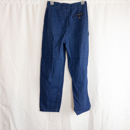 Wilkins rumble seat vintage blue striped jeans womens size 28 hanging on wood hanger in front of white background image 7