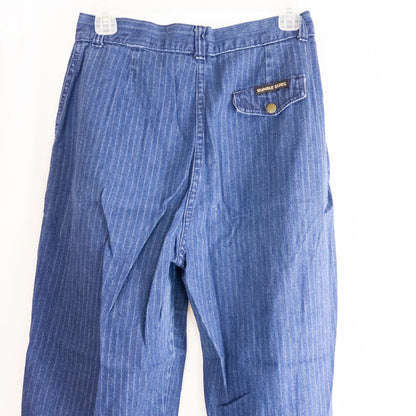Wilkins rumble seat vintage blue striped jeans womens size 28 hanging on wood hanger in front of white background image 8