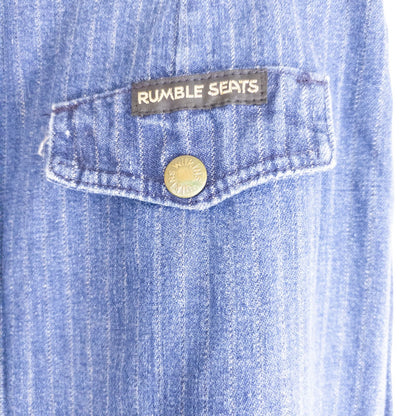 Wilkins rumble seat vintage blue striped jeans womens size 28 hanging on wood hanger in front of white background image 10