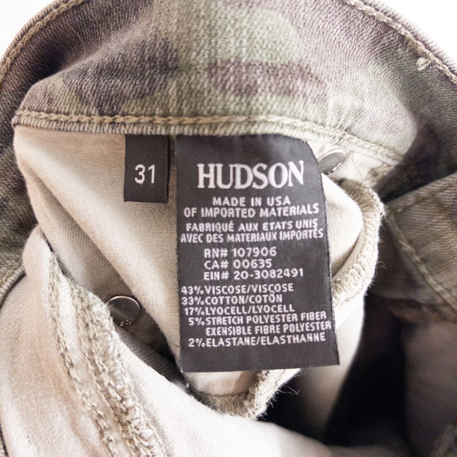 Hudson green camo skinny jeans womens size 31 with minimal wear and faux front pockets displayed hanging. image 9
