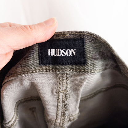 Hudson green camo skinny jeans womens size 31 with minimal wear and faux front pockets displayed hanging. image 8
