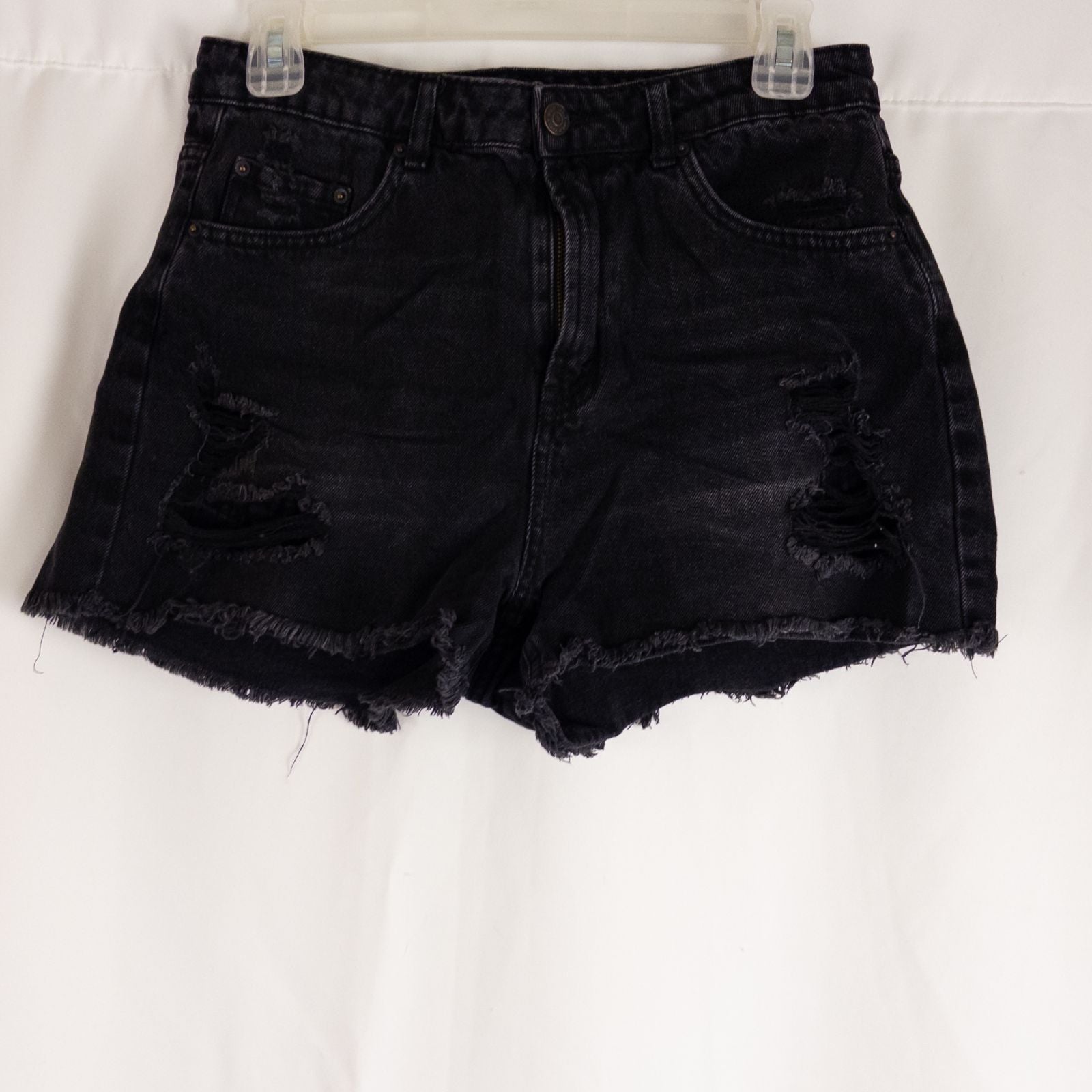 Wild Fable black distressed ripped jean shorts womens size 6 with frayed hem front and back views