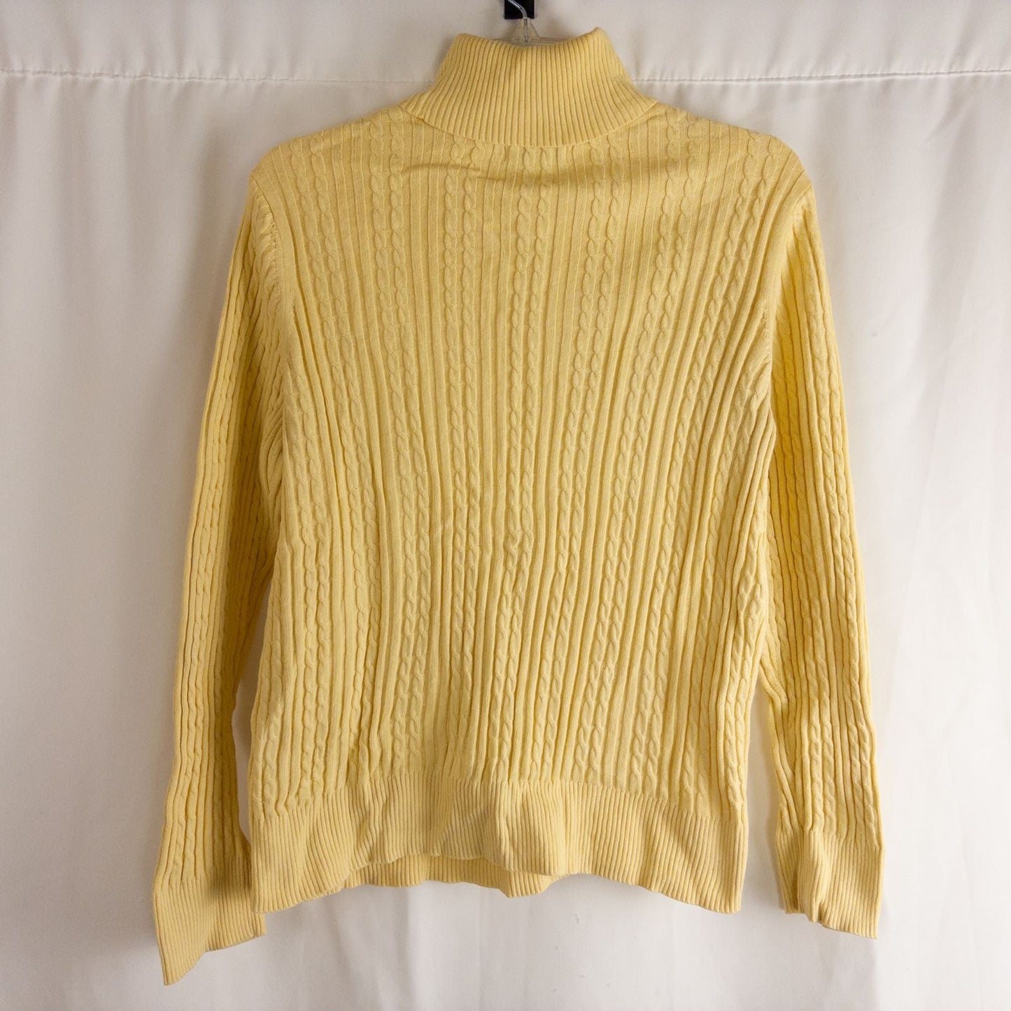 Croft & Barrow women's yellow cable knit turtleneck sweater laid flat showing front, back, sleeve, collar, and tags image 4