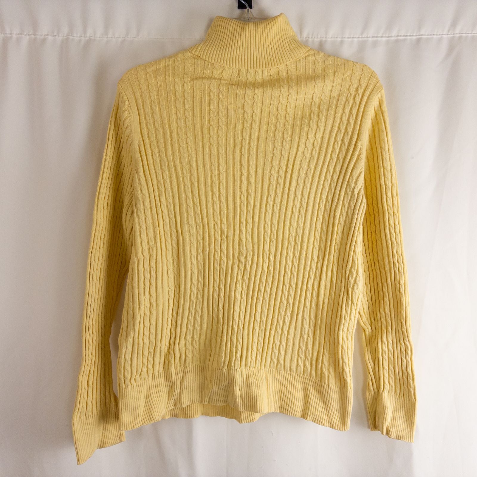 Croft & Barrow women's yellow cable knit turtleneck sweater laid flat showing front, back, sleeve, collar, and tags image 4