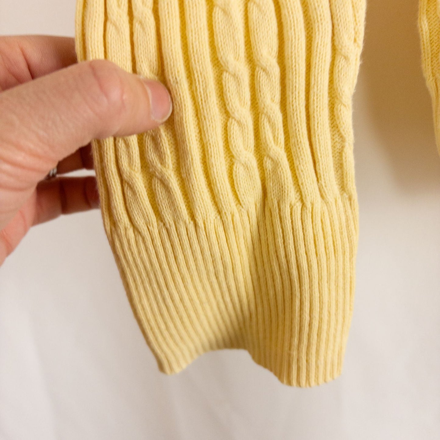 Croft & Barrow women's yellow cable knit turtleneck sweater laid flat showing front, back, sleeve, collar, and tags image 5