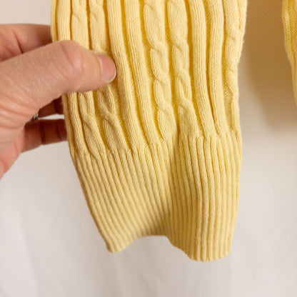 Croft & Barrow women's yellow cable knit turtleneck sweater laid flat showing front, back, sleeve, collar, and tags image 5