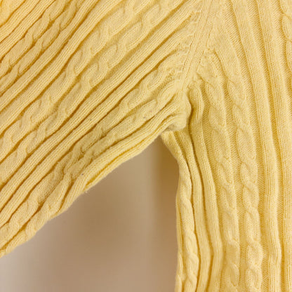 Croft & Barrow women's yellow cable knit turtleneck sweater laid flat showing front, back, sleeve, collar, and tags image 6