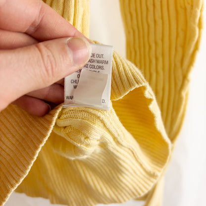 Croft & Barrow women's yellow cable knit turtleneck sweater laid flat showing front, back, sleeve, collar, and tags image 10
