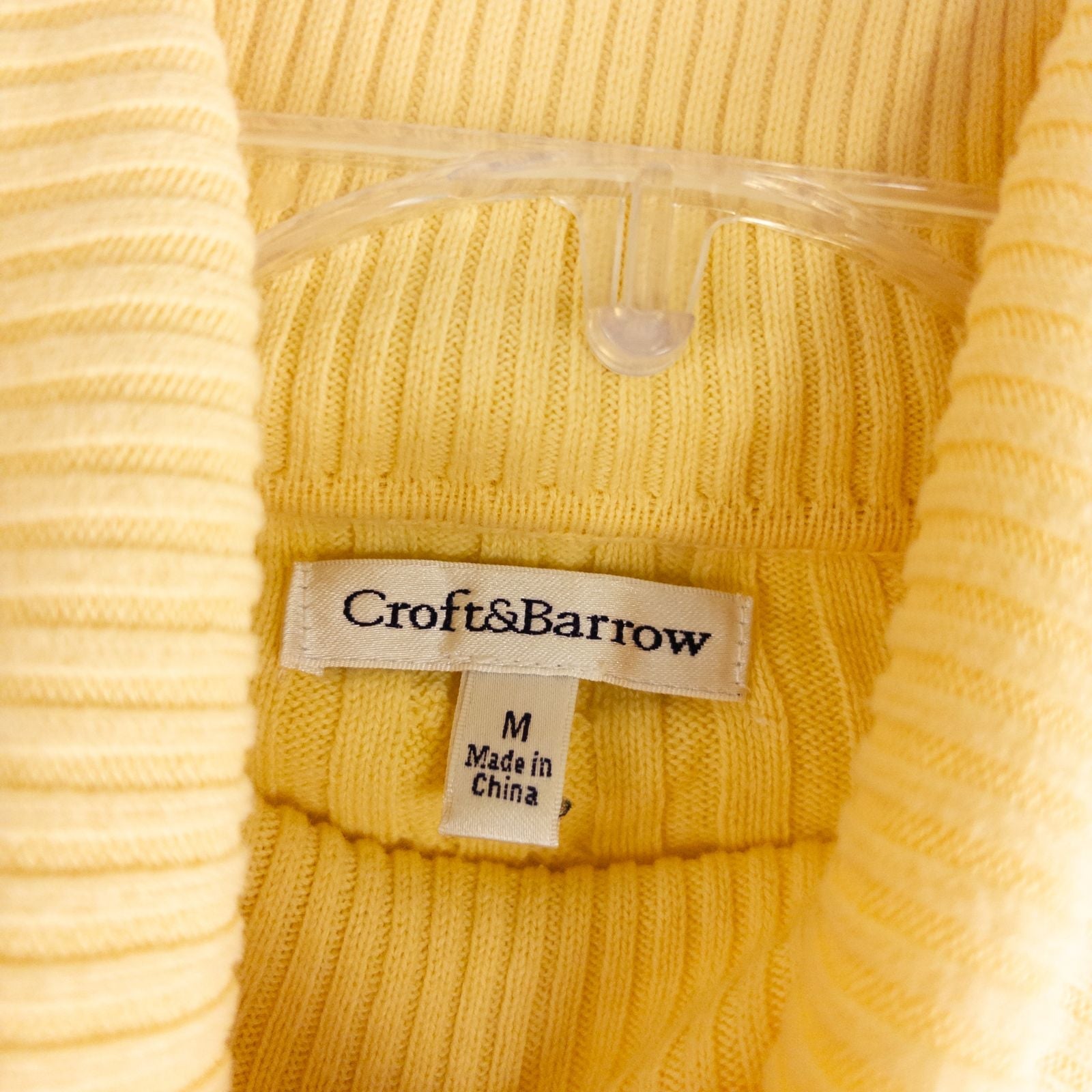 Croft & Barrow women's yellow cable knit turtleneck sweater laid flat showing front, back, sleeve, collar, and tags image 7