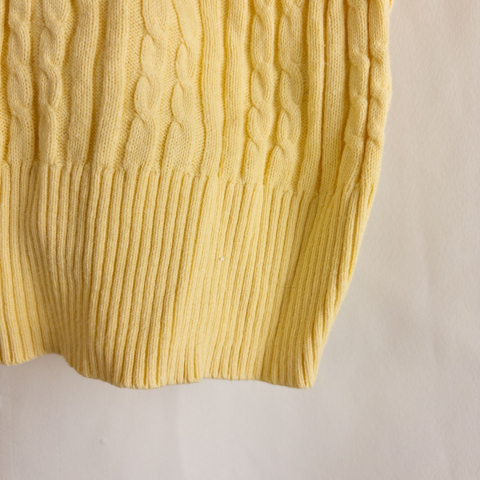 Croft & Barrow women's yellow cable knit turtleneck sweater laid flat showing front, back, sleeve, collar, and tags image 3