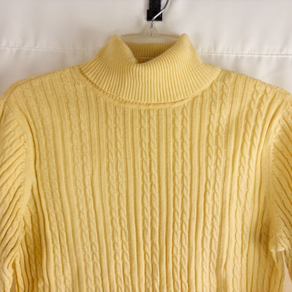 Croft & Barrow women's yellow cable knit turtleneck sweater laid flat showing front, back, sleeve, collar, and tags image 2