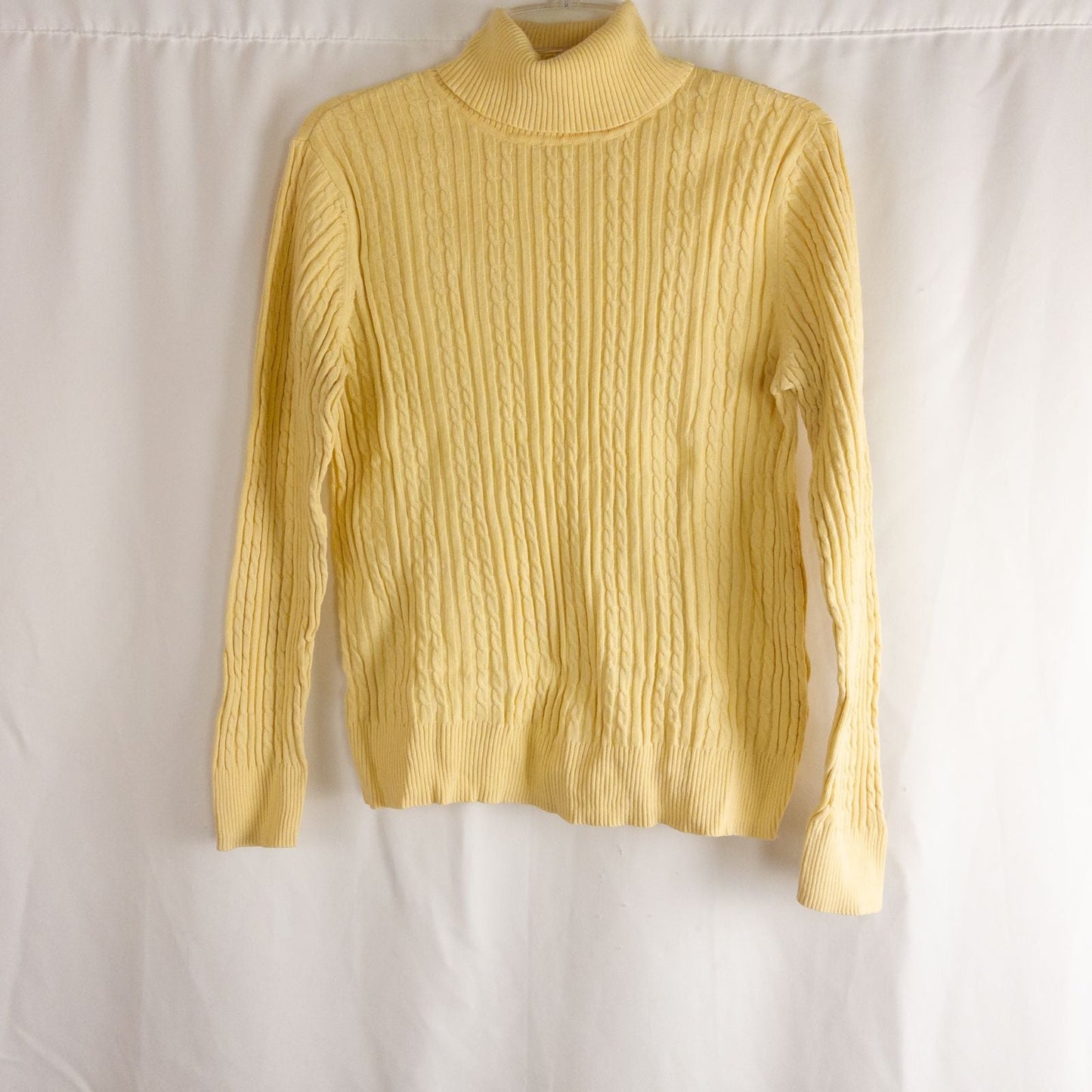 Croft & Barrow women's yellow cable knit turtleneck sweater laid flat showing front, back, sleeve, collar, and tags
