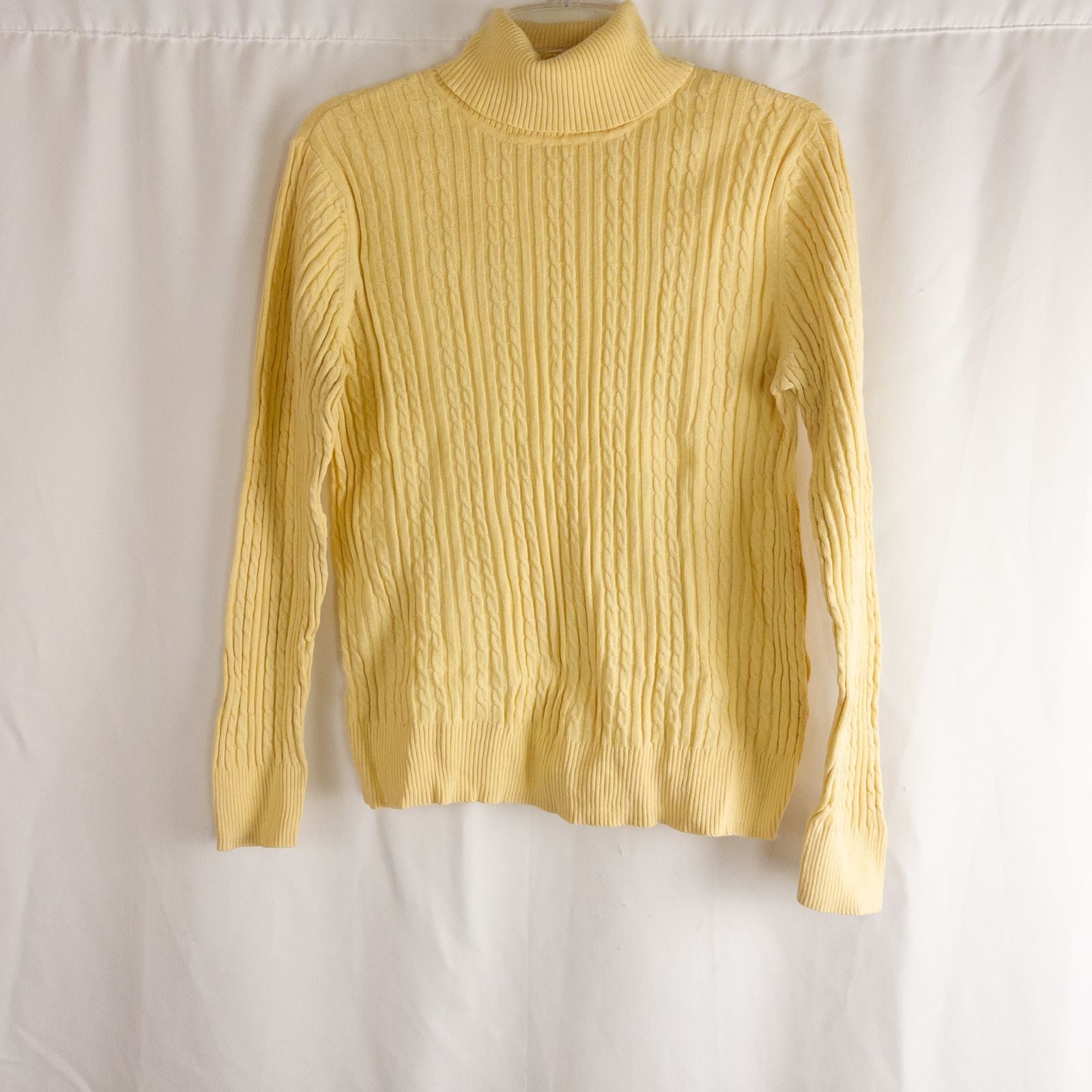 Croft & Barrow women's yellow cable knit turtleneck sweater laid flat showing front, back, sleeve, collar, and tags