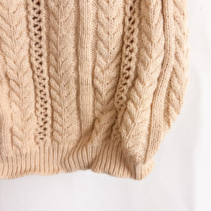 Talbots tan vintage cable knit cardigan sweater with button front and shoulder pads hanging on clear hanger image 4